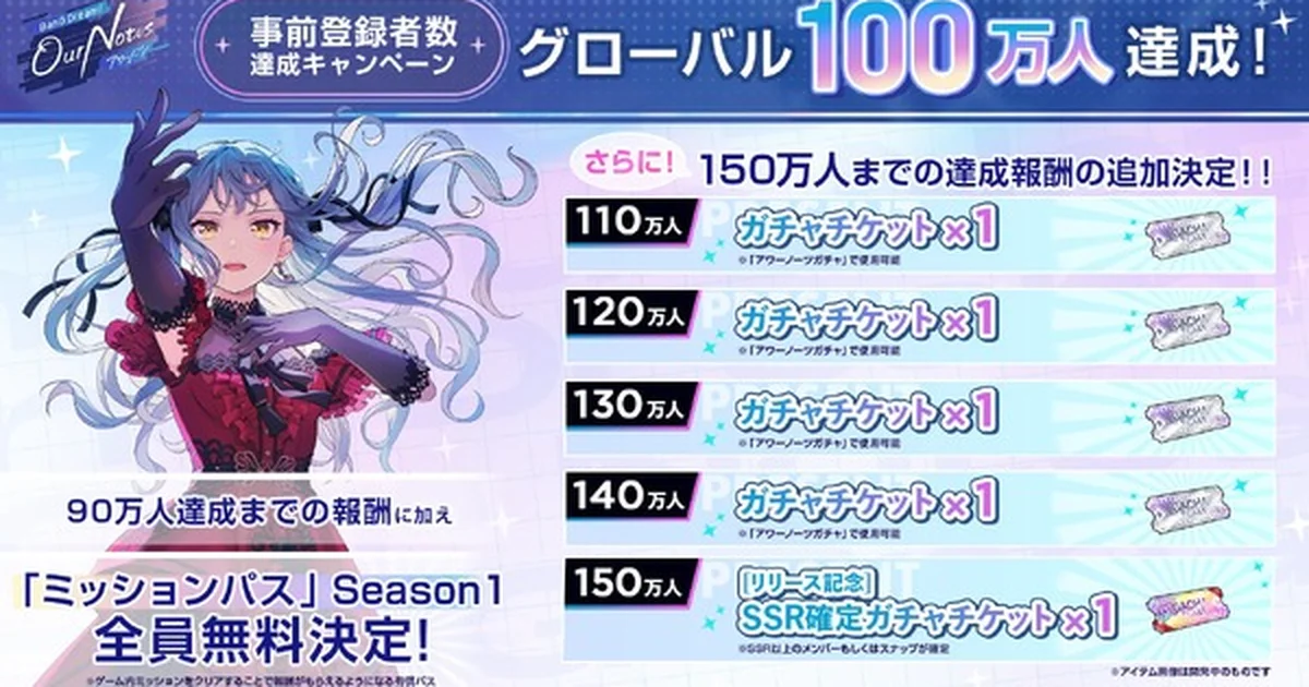『BanG Dream! Our Notes』事前登録100万人突破。150万人までの追加報酬も公開